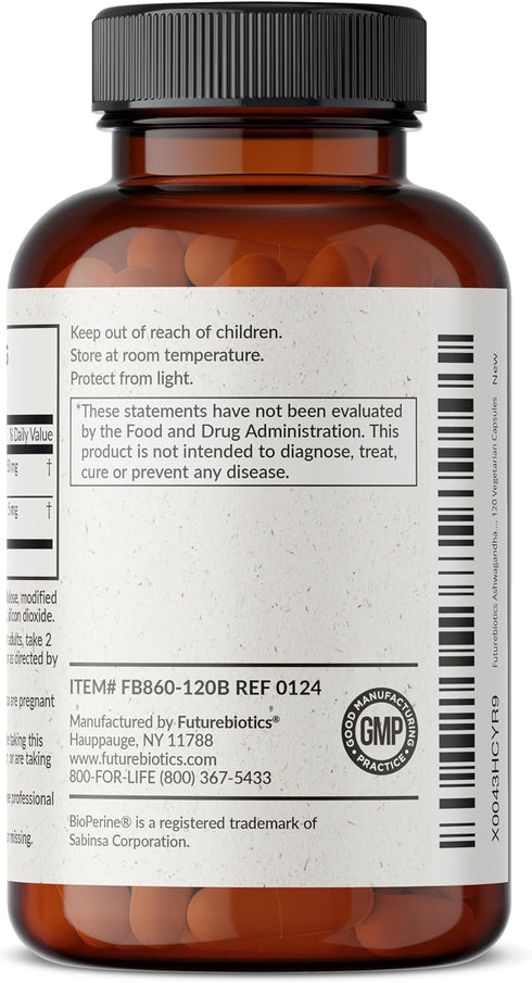 Futurebiotics Ashwagandha Extra Strength - Stress & Mood Support with BioPerine, Non-GMO, 120 Vegetarian Capsules