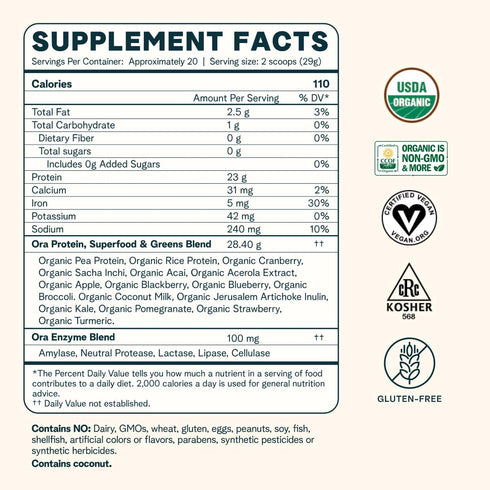 Ora Organic Vegan Protein Powder - 23g Plant Based Pea Protein + Superfood - Unflavored, 20 Servings, Digestive Enzyme