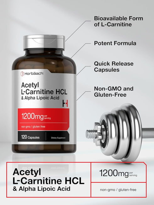 Horbaach Acetyl L Carnitine HCL & Alpha Lipoic Acid 1200mg - 120 Capsules, ALC ALA Complex, Non-GMO & Gluten Free