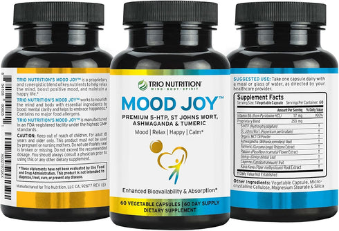Trio Mood Joy | Premium 5-HTP, St Johns Wort, Ashwagandha & Turmeric | Mood Support Supplement, 60 Day Supply
