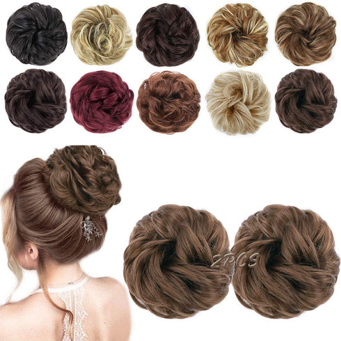 MORICA 2PCS Messy Bun Hair Piece, Fake Curly Wavy Synthetic Chignon Ponytail for Women, Light Golden Brown