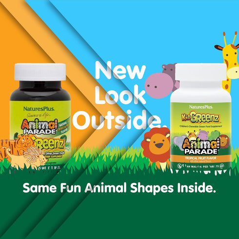 Natures Plus Animal Parade KidGreenz, Tropical Fruit Flavor - 90 Animal-Shaped, Chewable Tablets - Vegetarian, Gluten Free - 90 Servings