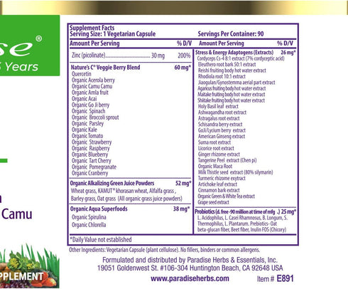Paradise Herbs 90 Capsules Zinc Supplements with Picolinate & Nature's C, Immune Support, Gluten Free, Vegan