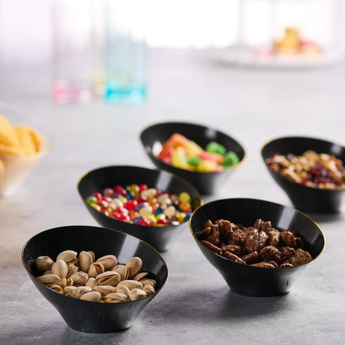 PLASTICPRO Angled Plastic Bowls Disposable Small Plastic Black Serving Bowls with Gold Rim for Party for Appetizer Salads Pack of 8 by PLASTICPRO