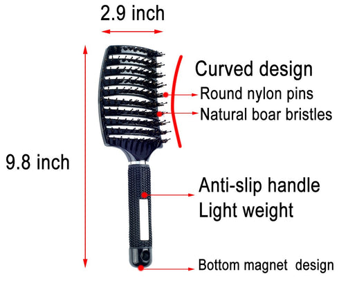 PERFEHAIR Natural Boar Bristle Hair Brush, Curved Vented Detangling Blow Dry Brush for All Hair Types