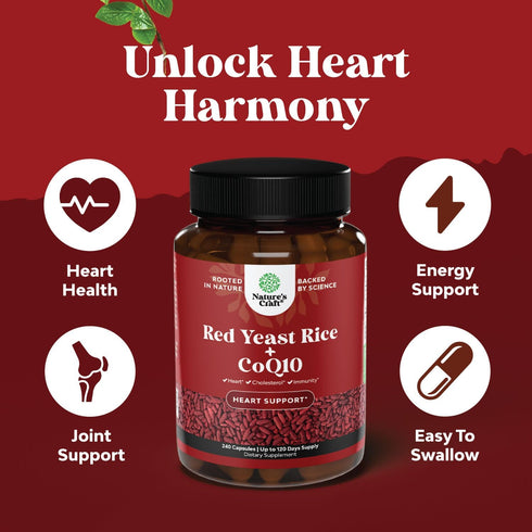 Red Yeast Rice with CoQ10 Supplement - Extra Strength 1200 mg Capsules for Heart Health, Vegan Non-GMO