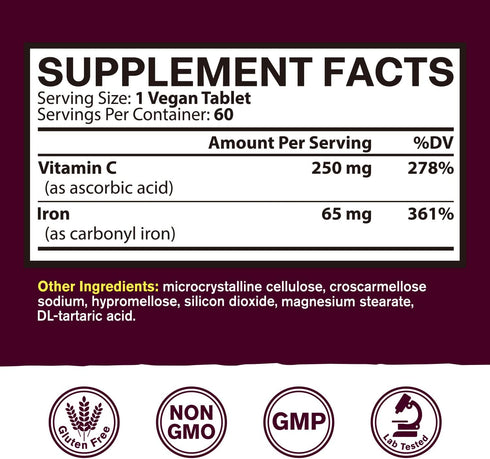 Iron Supplement for Women Men | High Potency Iron 65mg with Vitamin C 250mg | Stomach Friendly Iron Pills for Red Blood Cell & Immune Support | Vegan, Non-GMO & Gluten Free | 60 Iron Tablets