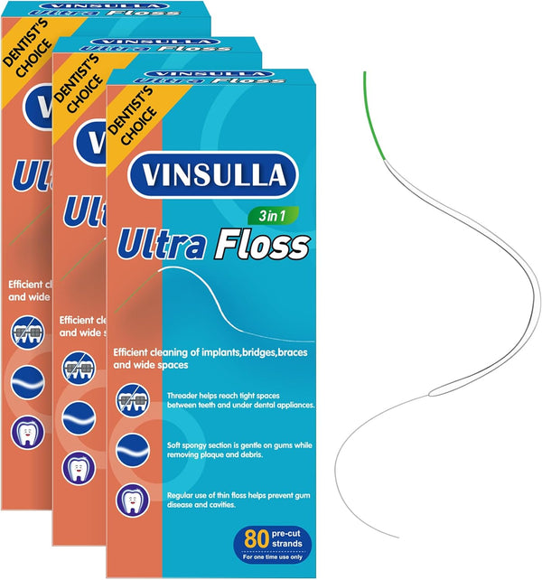 Dental Floss for Braces, 80 Pre-Cut Strands Floss Threaders for Bridges and Implants (Pack of 3)