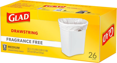 Glad Trash Bags, Medium Drawstring Garbage Bags, 8 Gallon, 26 Count, White, Fragrance Free, Pack May Vary