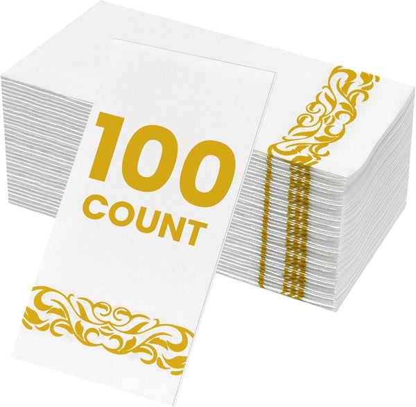 100 Disposable Gold Napkins, Decorative Paper Dinner Napkins Bulk, Thick Linen Feel Guest Hand Towels for Party Holiday