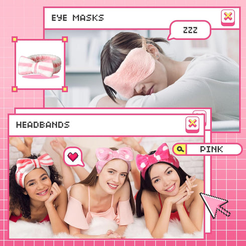 Newcotte 24 Pcs Sleepover Party Supplies for Girls, 12 Pcs Plush Sleep Eye Mask and 12 Pcs Bow Hair Band (Cute Style)