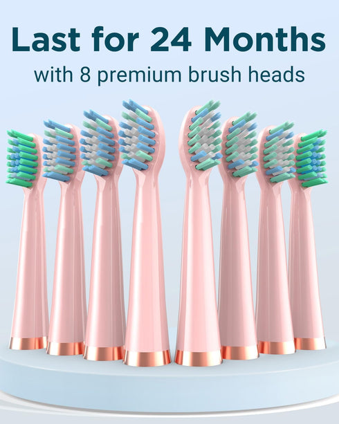 Rtauys M5 Sonic Electric Toothbrush for Adults, Rechargeable with 8 Brush Heads & Travel Case, Pink