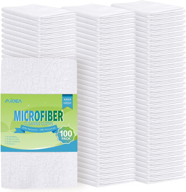 AIDEA Microfiber Cleaning Cloths, White, 100PK, Absorbent, Lint-Free, 11.5 in. x 11.5 in.