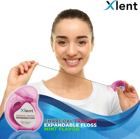 Expandable Floss with Activated Charcoal, Xylitol & Natural Plant Based Wax | Fresh Mint Flavor | PFAS & PTFE Free | 50