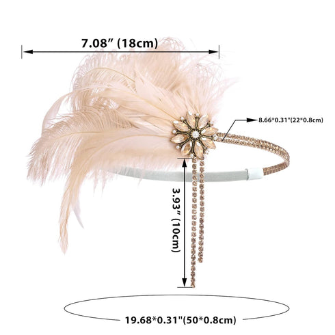 SWEETV 1920s Flapper Headband, Rhinestone Pearl Feather Hair Band, Great Gatsby Accessories for Women, Champagne