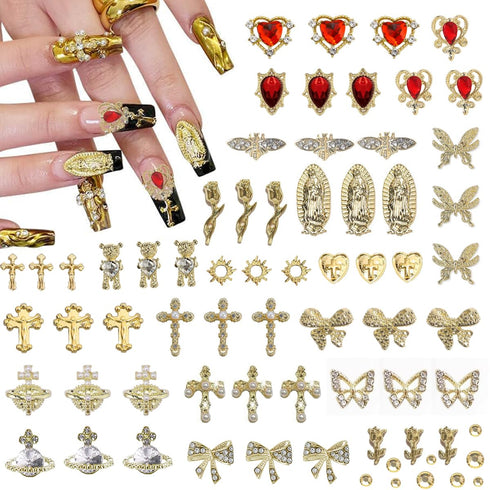 80+ Pcs Golden Nail Charms with Rhinestones, Nail Art Accessories for Women Manicure Craft Supplies