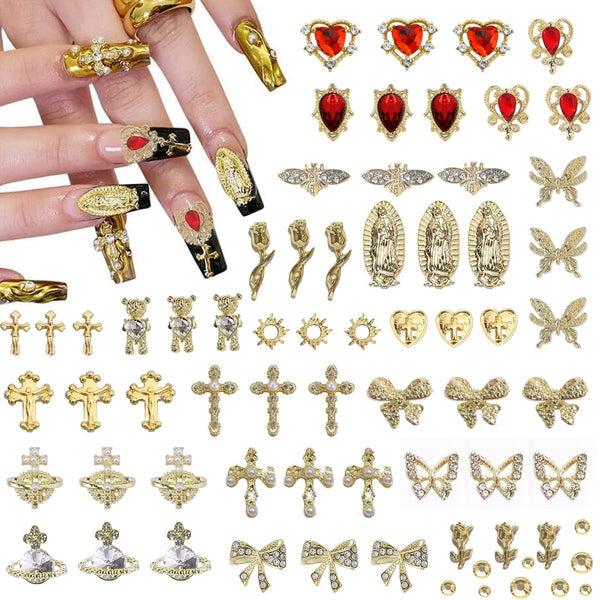80+ Pcs Golden Nail Charms with Rhinestones, Nail Art Accessories for Women Manicure Craft Supplies