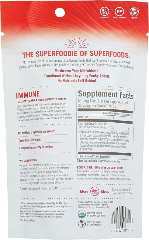 OM MUSHROOM SUPERFOOD Immune Blend Mushroom Powder Supplement, 3.5 Ounce, 50 Servings, Reishi & Turkey Tail