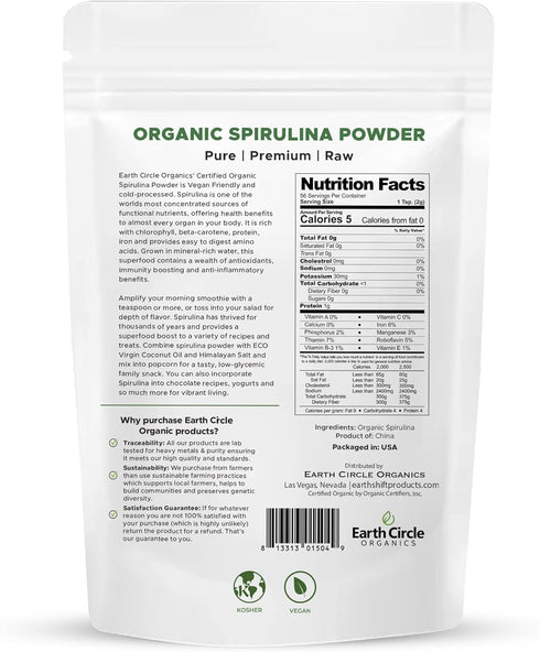 Spirulina Powder, Kosher, Raw and Non-Irradiated | Pure Vegan Protein | Premium Superfood, High in Amino Acids and