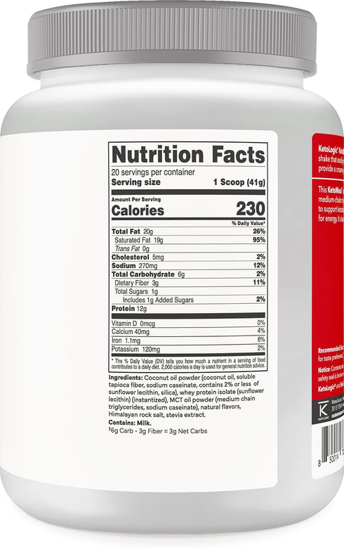 Ketologic Keto Meal Replacement Shake Powder, Optimal Results + MCT Oil + Grass-Fed Whey, 20 Servings, Vanilla