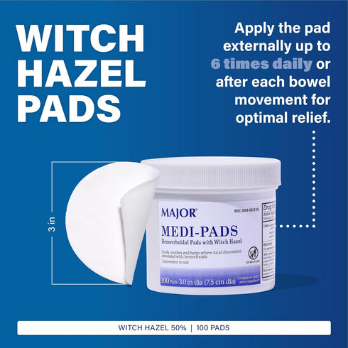 MAJOR Medi-Pads Hemorrhoidal Cleansing Witch Hazel Pads, 100 Count Jar
