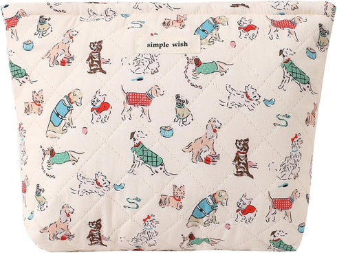 Quilted Cotton Makeup Bag, Cute Animal Cosmetic Bag, Large Capacity Travel Toiletry Bag for Women and Girls (01Dog)