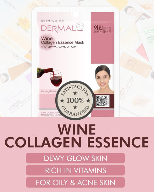 DERMAL Wine Collagen Essence Korean Facial Mask Sheet Pack of 10 - Hydrating & Revitalizing Tired Skin, Elasticity, Radiant Skin - Hypoallergenic Skin Friendly Sheet