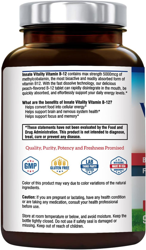 Innate Vitality Vitamin B12 5000mcg, Vegan Methylcobalamin, Fast Dissolve Tablets, Natural Peach Flavor, 90 Tablets