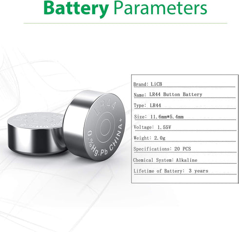 LiCB 20 Pack LR44 AG13 357 303 SR44 Battery 1.5V Button Coin Cell Batteries