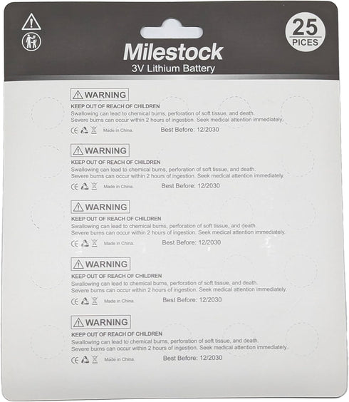 Milestock 25-Pcs 3V CR1620 CR1632 CR2025 CR2032 CR2450 Lithium Button Battery Assortment for Car Key Fob, Sensors
