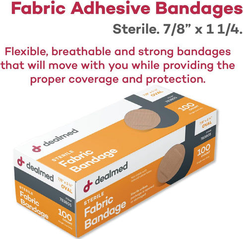 Dealmed Flexible Fabric Oval Spot Adhesive Bandages – 100 Count Non-Stick Pad, Latex Free for First Aid