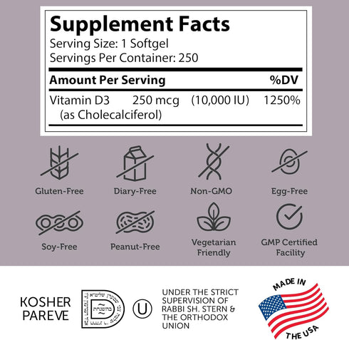 Zahler Advanced Vitamin D3 10,000 IU Softgels, 250 Count - Kosher Vegetarian Friendly for Immune Support