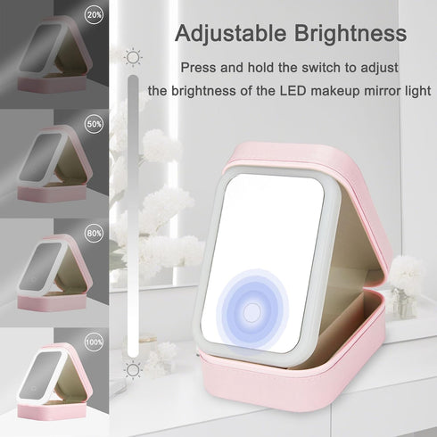 Portable Travel Makeup Mirror with LED Light,Compact Makeup Bag with Dividers,3-Color Lighting Makeup Mirror,Adjustable Brightness Mirror,1200mAh Rechargeable by Everkeen