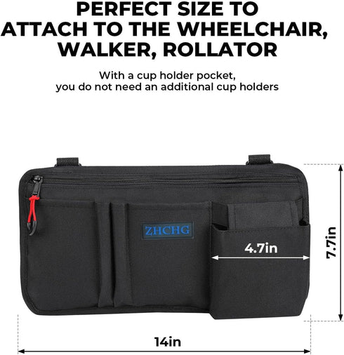 ZHCHG Wheelchair Side Bag with Cup Holder, Wheelchair Armrest Pouch Accessories for Walker, Rollator, Electric Scooter