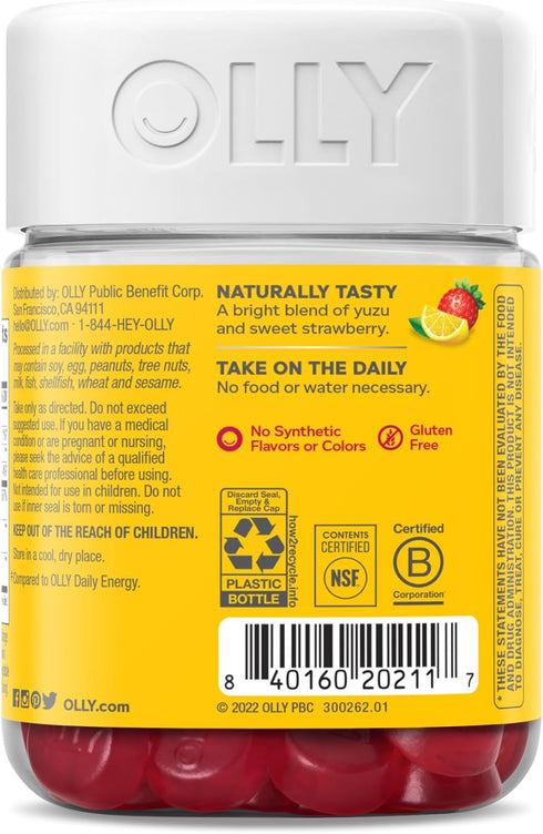 OLLY Extra Strength Daily Energy Gummy, 60 Count, Caffeine Free, 1000mcg Vitamin B12, CoQ10, Berry Yuzu Flavor