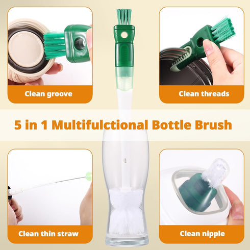 OUTXE 5 Pack Bottle Brush Set, 5-in-1 Water Bottle Cleaner, 15" Long Handle, 3 Straw Brushes, Detail Brush
