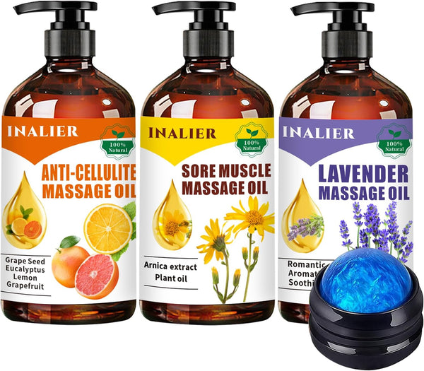 3 Pack Cellulite, Sore Muscle & Lavender Relaxation Massage Oils with Roller Massage Ball, Spa Treatment Gift Set for