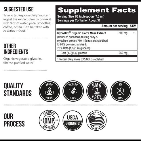 MycoMax Lions Mane Extract - 500 mg, 70% Beta Glucans, Max Potency Organic Supplement for Mental Clarity, Focus & Memory