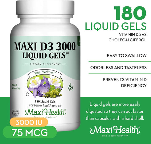 Maxi Health Vitamin D3 3000 IU 75 mcg Supplement for Healthy Bones, Teeth, Immune Support - 180 Gels Non-GMO