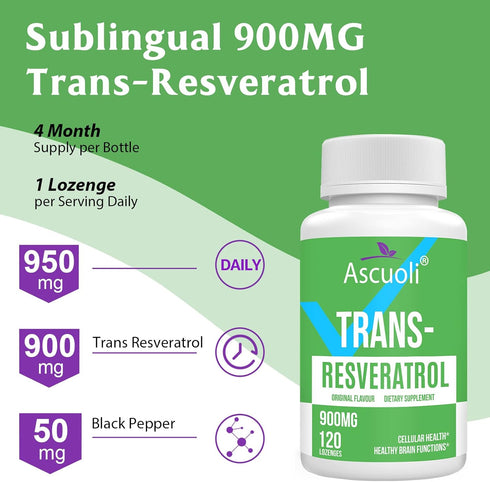 Sublingual Trans-Resveratrol Purity 99%, 3-in-1 Advanced Formula Resveratrol Supplement for Boost NAD+, Immune & Energy