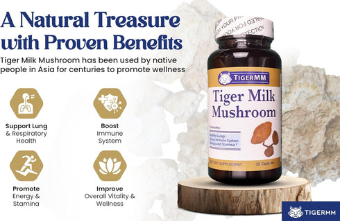 TIGERMM Immune 450mg/cap Tiger Milk Mushroom (Lignosus Rhino.) USA Grown, Lung Respiratory Support