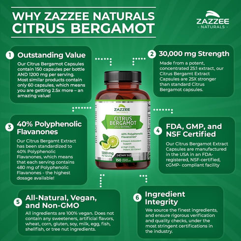 Zazzee Extra Strength Citrus Bergamot 25:1 Extract, 1200 mg, 40% Polyphenolic Flavanones, 150 Vegan Capsules, 30,000 mg