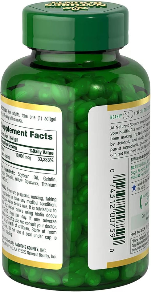 Nature's Bounty Biotin 10,000 mcg, 250 Rapid Release Softgels for Healthy Hair, Skin, and Nails