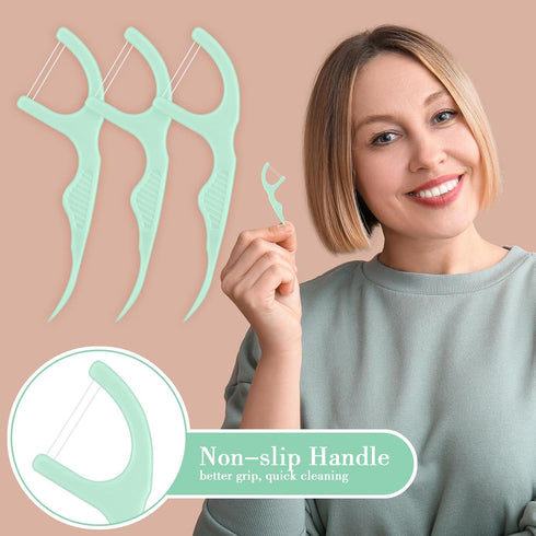 Baderke 100 Count Dual Line Floss Picks, Non-Breakable Dental Floss Picks for Adults, Family Travel (Light Green)