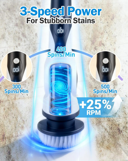 Maraiss 3-Speed 10 90 IPX7 Electric Spin Scrubber, Shower Scrubber with Long Handle & Replaceable Brush Heads, Cordless