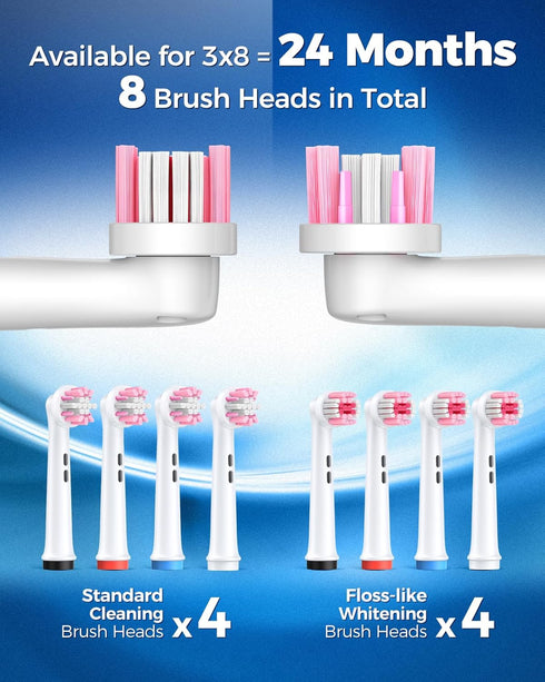 Rotating Electric Toothbrush for Adults, 8 Brush Heads (2 Types), 4 Modes, Rechargeable Power, 2 Min Smart Timer