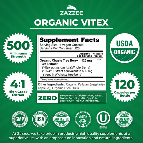 Zazzee USDA Organic Vitex, 500 mg Strength, 120 Vegan Capsules, 4 Month Supply