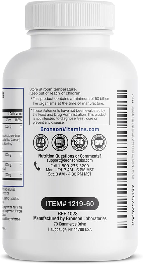 Bronson Men's Probiotic | 60 Vegetarian Capsules | 50 Billion CFU Plus Prebiotic with Ashwagandha, Fenugreek & Zinc,