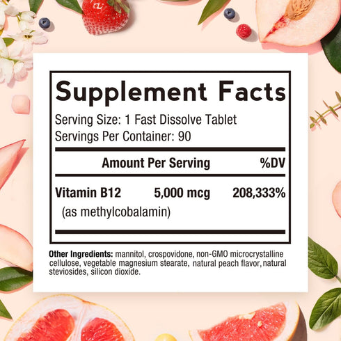 Doctor's Recipes Vitamin B12, Methylcobalamin 5000 mcg, 90 Fast Dissolve Tablets, Natural Peach Flavor
