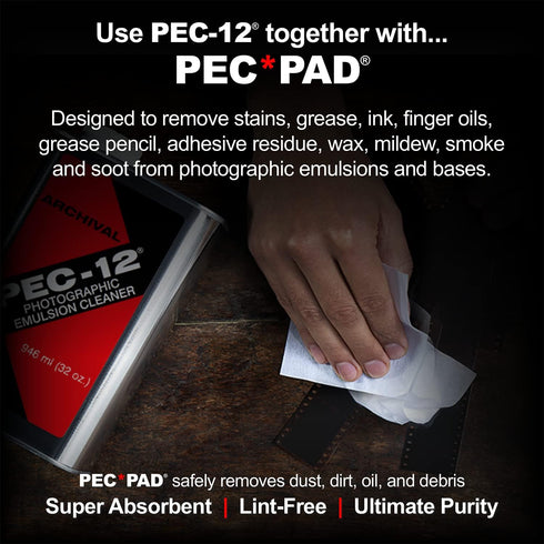 PEC-12 4"x4" 100 (59ml) 2oz Photographic Emulsion Cleaner Kit and PEC-PAD Lint Free Non-Abrasive Wipes Sheets per/Pkg